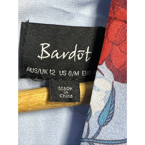 Bardot Mini Wrap Dress Size 8 Blue Red Floral Ruffle Chiffon Cut Out Back V Neck - Picture 9 of 11